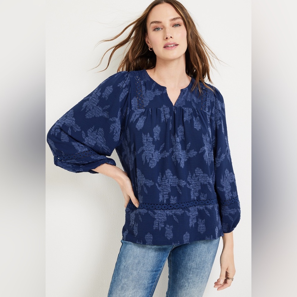 Maurices Navy Blue Floral Jacquard Peasant Blouse 2X Crochet Trim